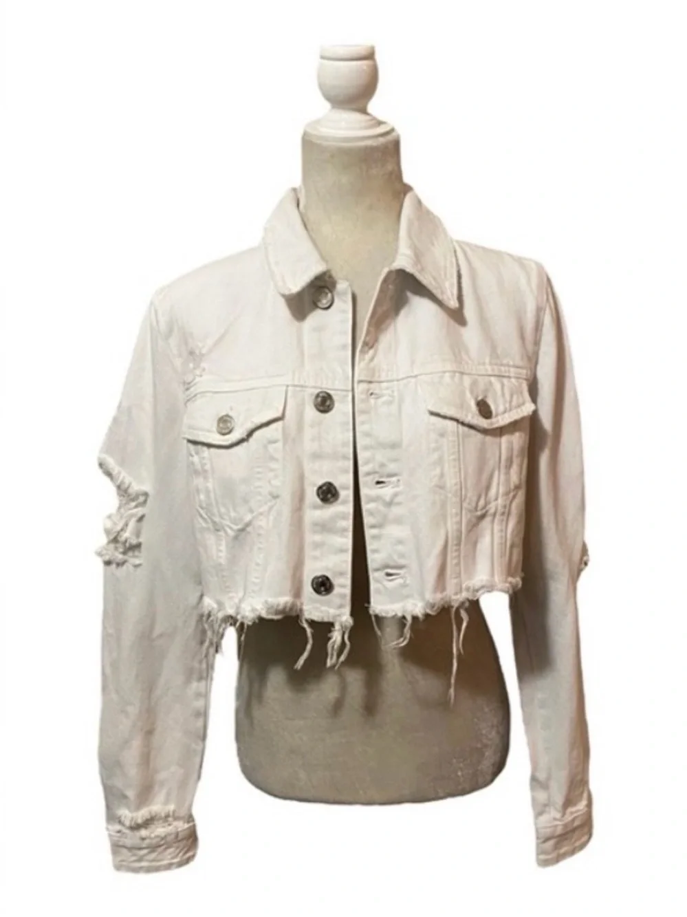 Zara White Jacket Cropped Distressed Frayed Hem Denim Button Front Size Small